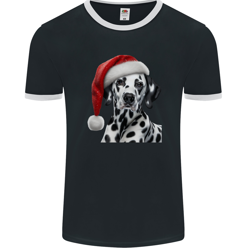 Christmas Dalmatian Wearing a Xmas Hat Dog Mens Ringer T-Shirt FotL Black/White