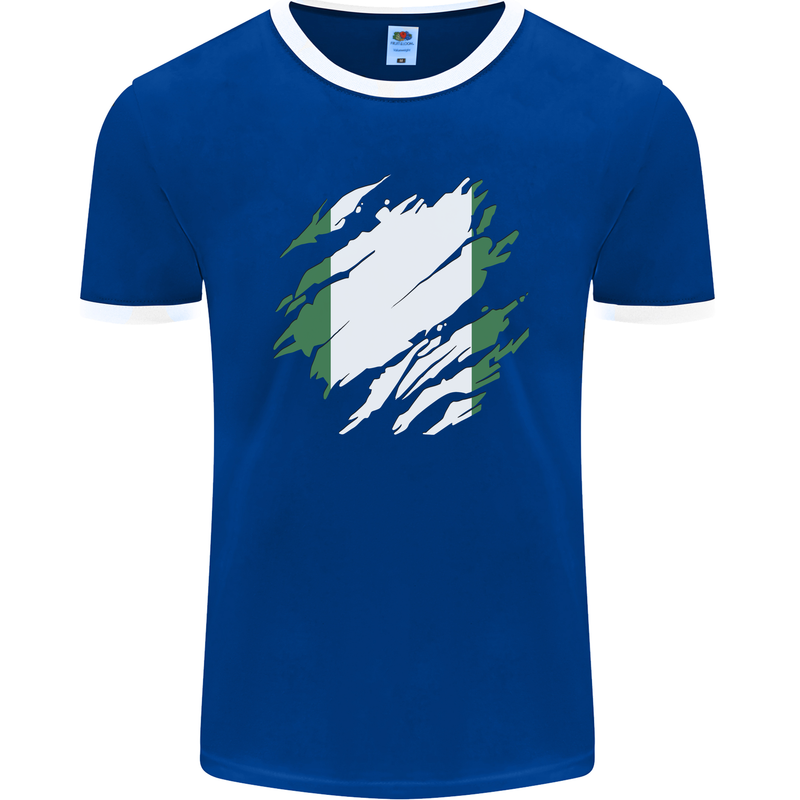 Torn Nigeria Flag Nigerian Day Football Mens Ringer T-Shirt FotL Royal Blue/White