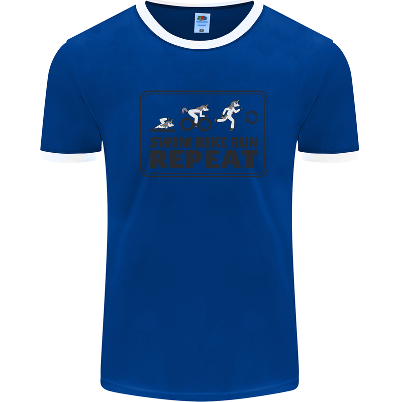 Unicorn Triathlon Running Swimming Cycling Mens Ringer T-Shirt Royal Blue/White