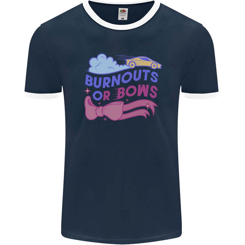 Burnouts or Bows Gender Reveal New Baby Pregnant Mens Ringer T-Shirt FotL Navy Blue/White