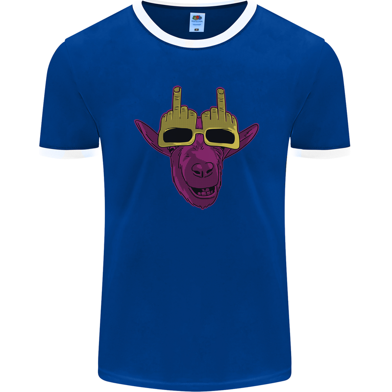 Offensive Goat With Finger Flip Glasses Mens Ringer T-Shirt FotL Royal Blue/White