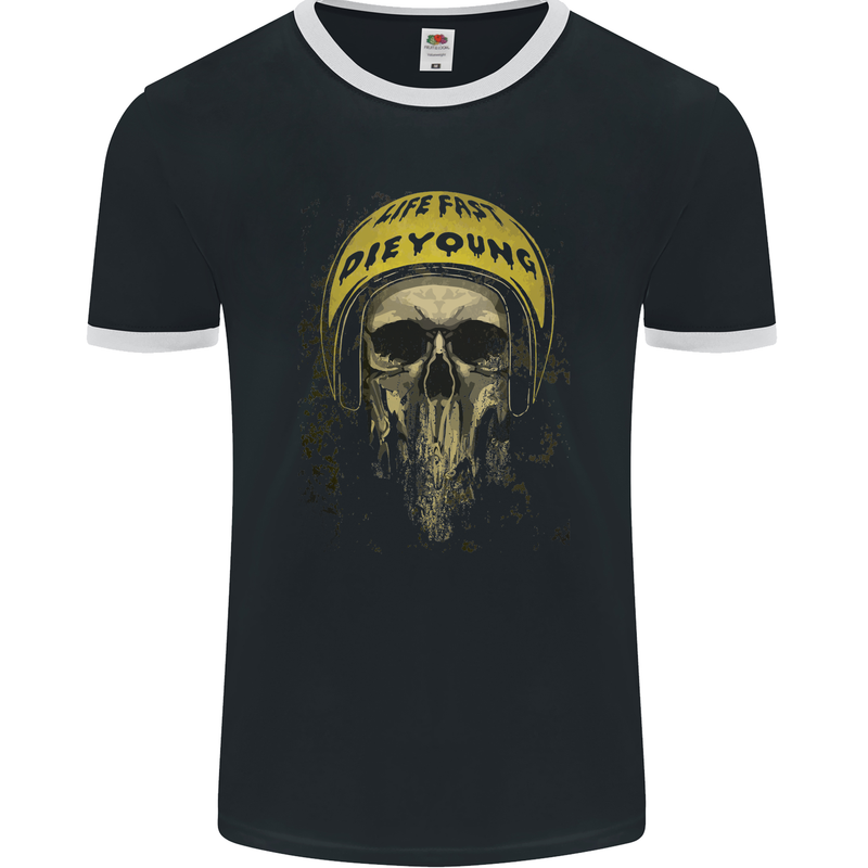 Live Fast Die Young Biker Skull Motorcycle Mens Ringer T-Shirt FotL Black/White
