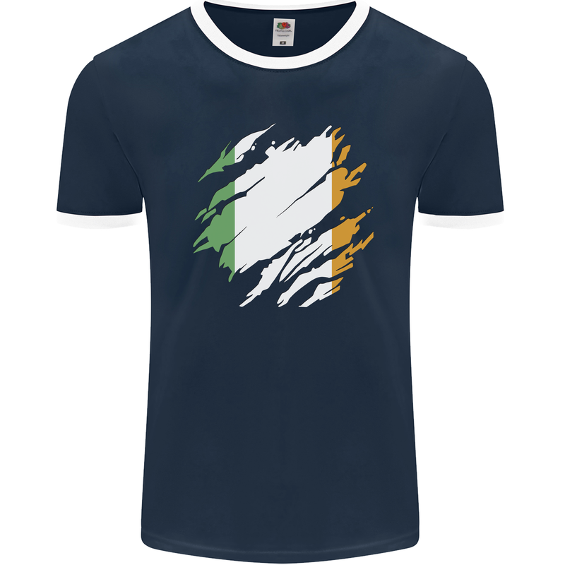 Torn Ireland Flag Irish St Patricks Day Football Mens Ringer T-Shirt FotL Navy Blue/White