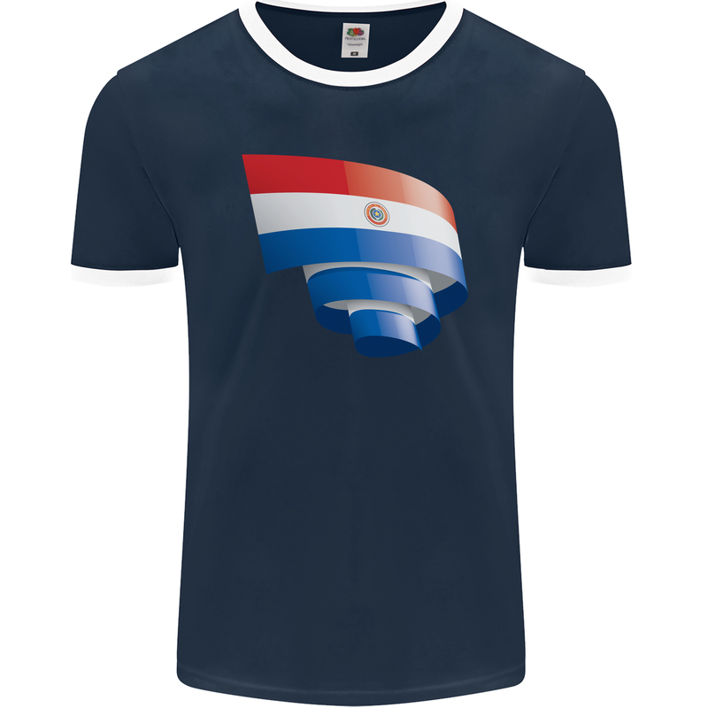Curled Paraguay Flag Paraguayan Day Football Mens Ringer T-Shirt FotL Navy Blue/White