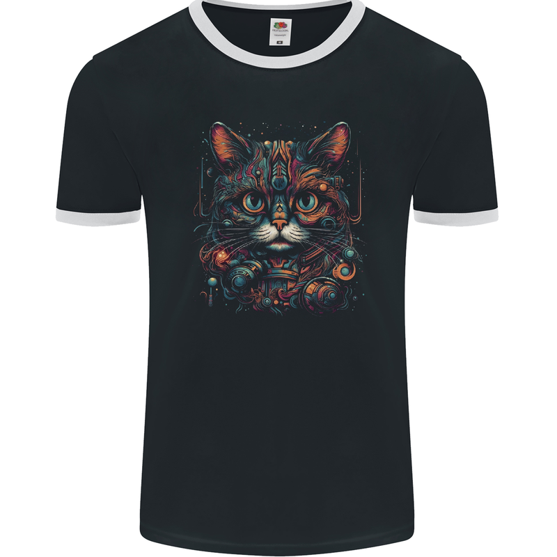 Astral Cat With Fantasy Tribal Markings Mens Ringer T-Shirt FotL Black/White