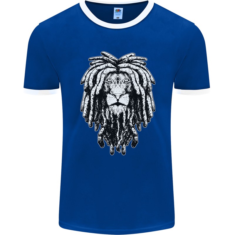 A Rasta Lion With Dreadlocks Jamaica Reggae Mens Ringer T-Shirt FotL Royal Blue/White