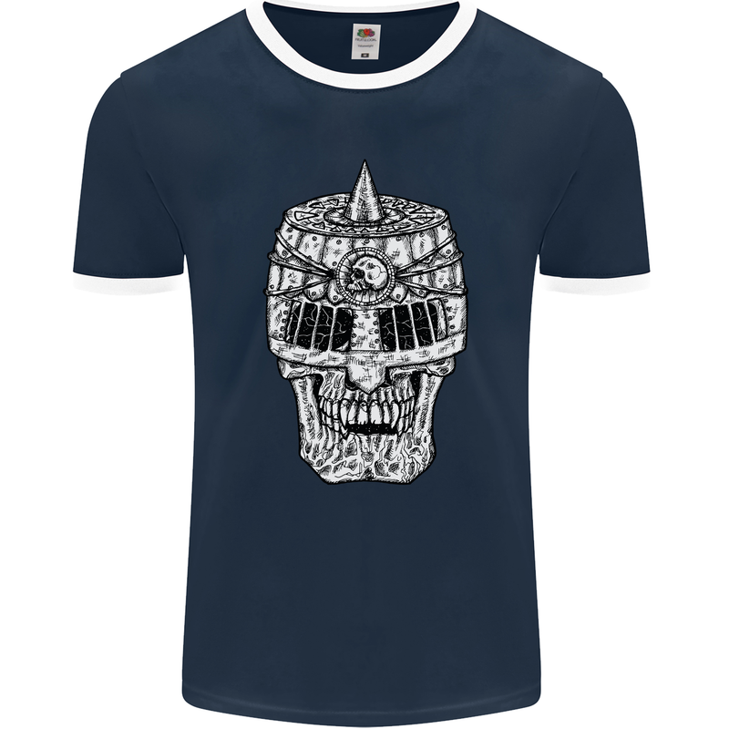 Skull Helmet Medieval  Fantasy Knight Mens Ringer T-Shirt FotL Navy Blue/White