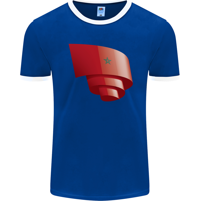 Curled Morocco Flag Moroccan Day Football Mens Ringer T-Shirt FotL Royal Blue/White