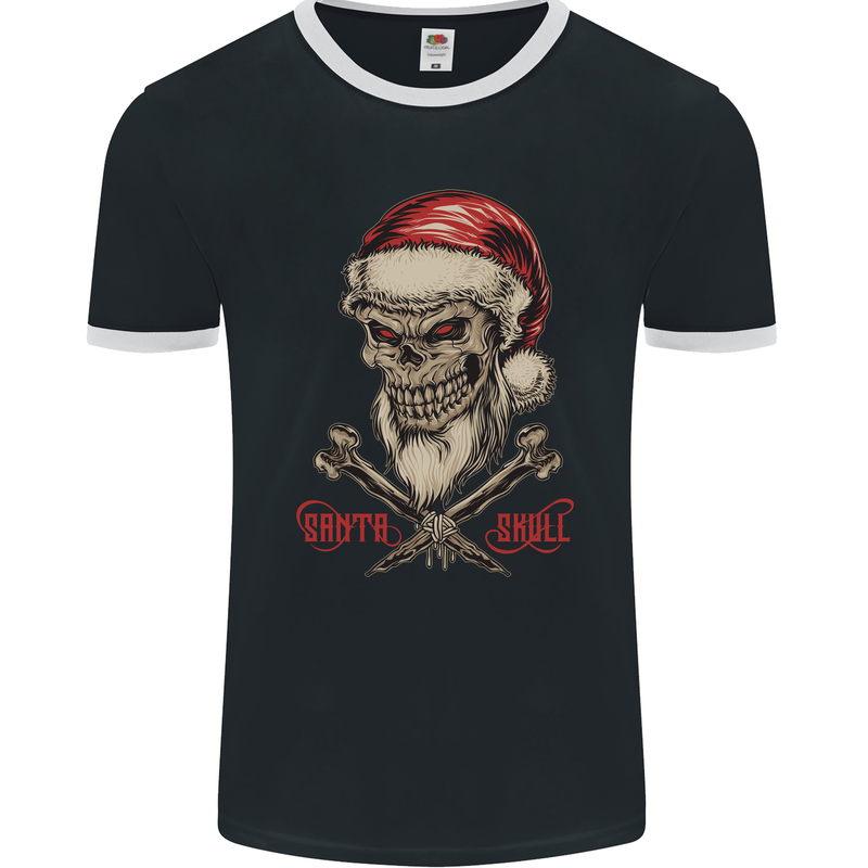Christmas Santa Skull Heavy Metal Biker Xmas Mens Ringer T-Shirt FotL Black/White
