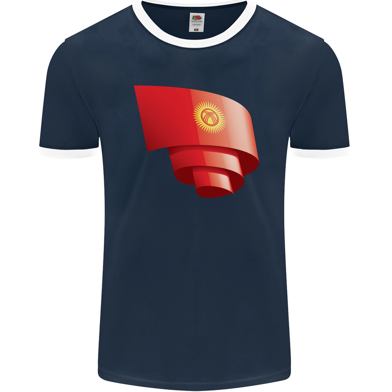 Curled Kyrgyzstan Flag Kyrgyz Day Football Mens Ringer T-Shirt FotL Navy Blue/White