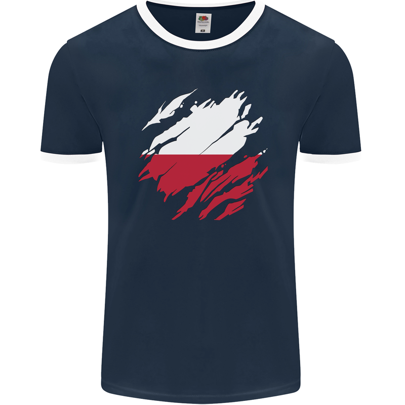 Torn Poland Flag Polish Day Football Mens Ringer T-Shirt FotL Navy Blue/White