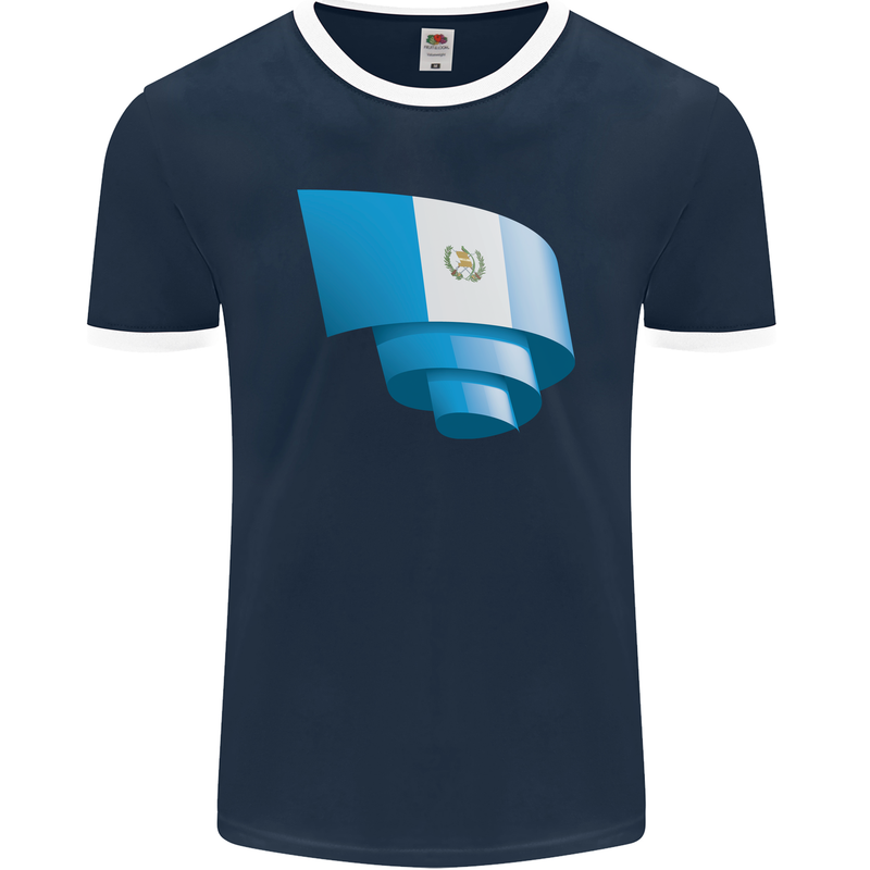 Curled Guatemala Flag Guatemalan Day Football Mens Ringer T-Shirt FotL Navy Blue/White