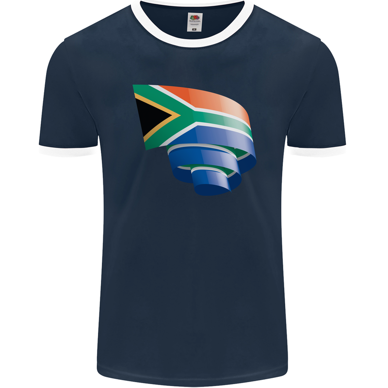 Curled South African Flag Africa Day Football Mens Ringer T-Shirt FotL Navy Blue/White