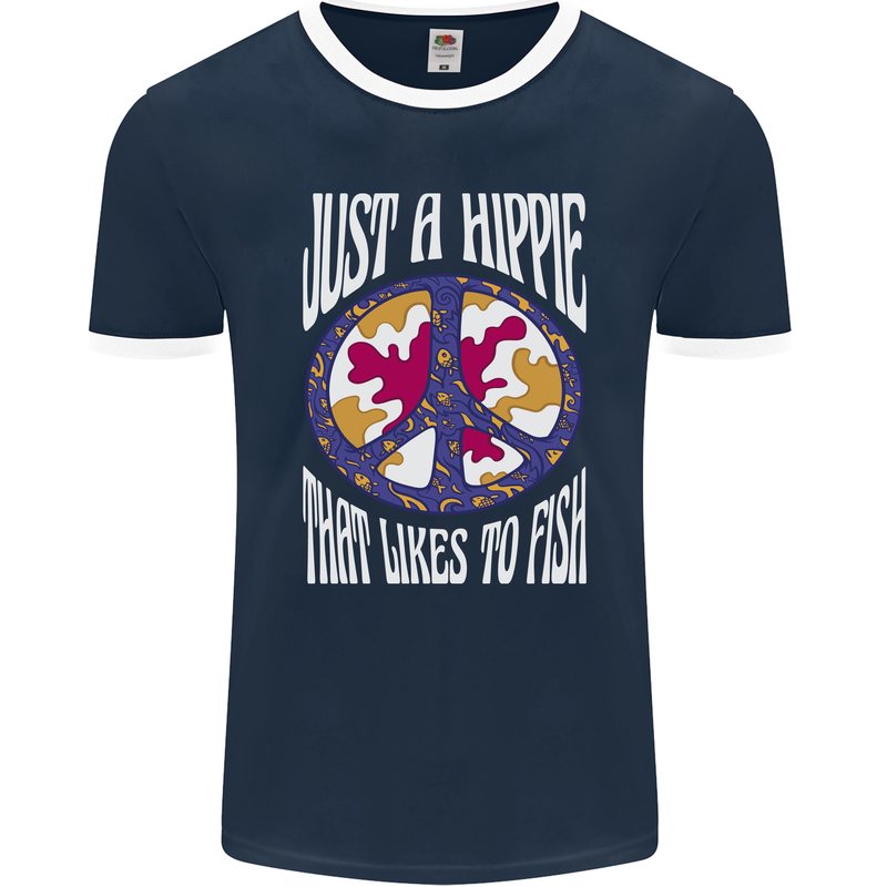 Just a Hippy That Likes to Fish Fishing Fisherman Mens Ringer T-Shirt FotL Navy Blue/White