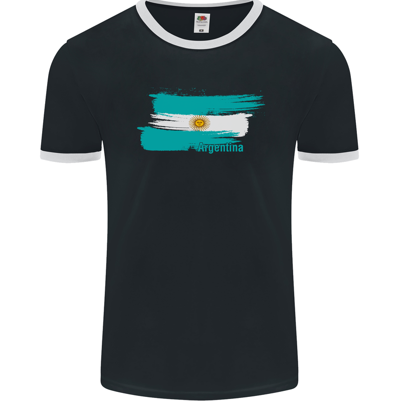 Argentina Football Distressed Flag Mens Ringer T-Shirt FotL Black/White