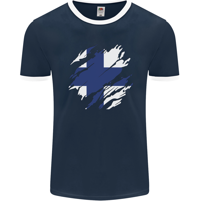 Torn Finland Flag Finnish Day Football Mens Ringer T-Shirt FotL Navy Blue/White