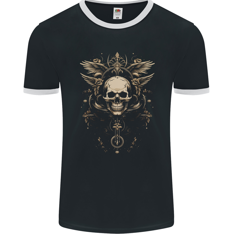 Cosmic Skull With Wings Mens Ringer T-Shirt FotL Black/White