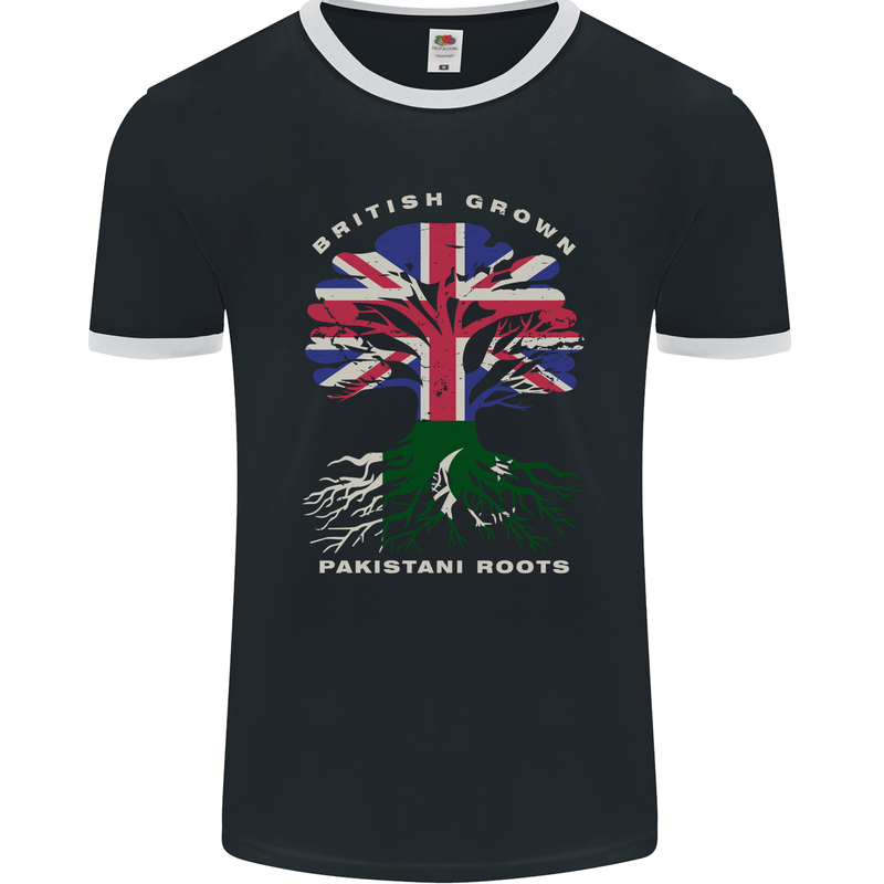 British Grown Pakistan Roots Flag Mens Ringer T-Shirt FotL Black/White