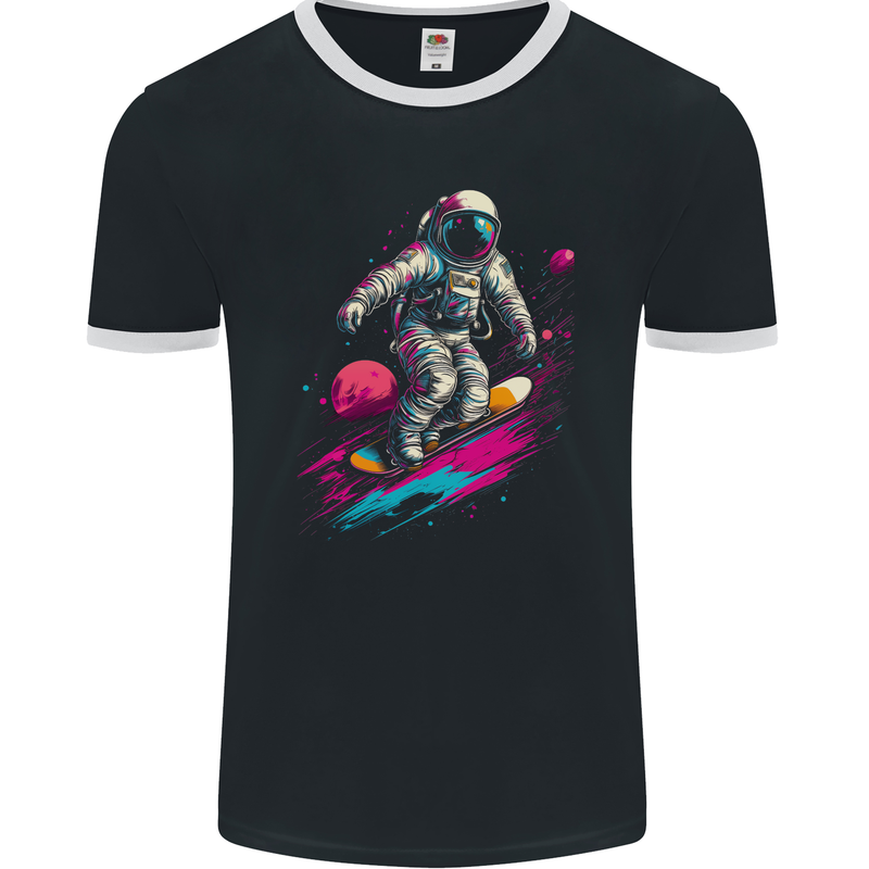 Astro Skater Astronaut Skateboarding Space Mens Ringer T-Shirt FotL Black/White