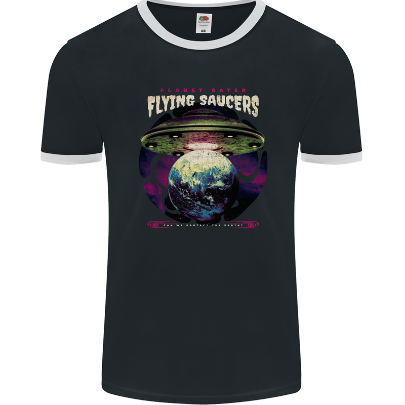 Planet Eating Flying Saucers Alien UFO Mens Ringer T-Shirt FotL Black/White