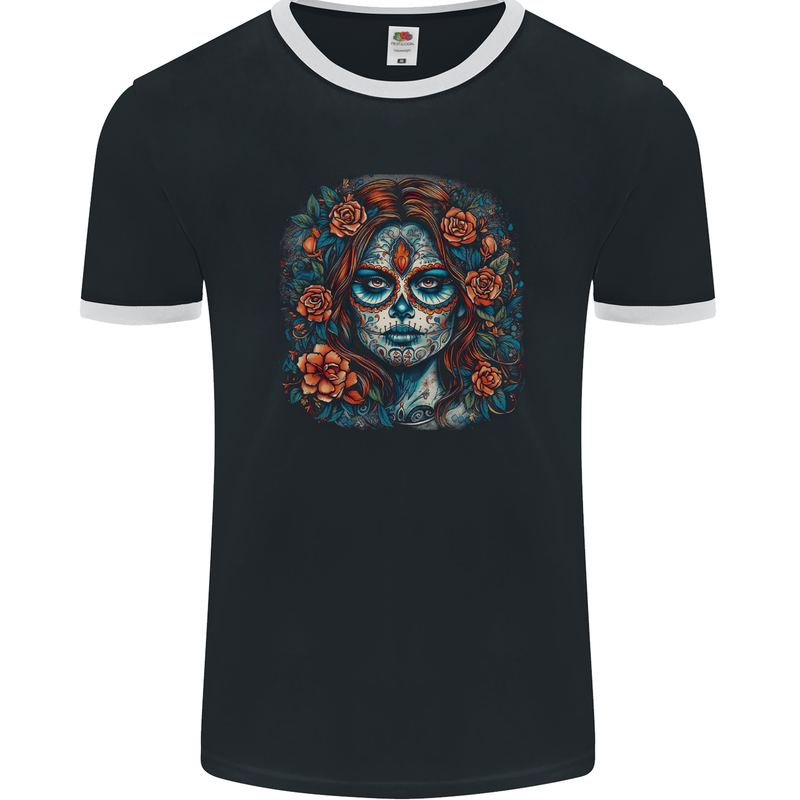 Day of the Dead Sugar Skull Girl Santa Muerte Mens Ringer T-Shirt FotL Black/White