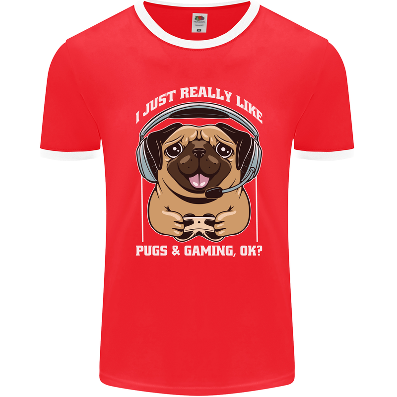 Love Pugs and Gaming Gamer Mens Ringer T-Shirt FotL Red/White