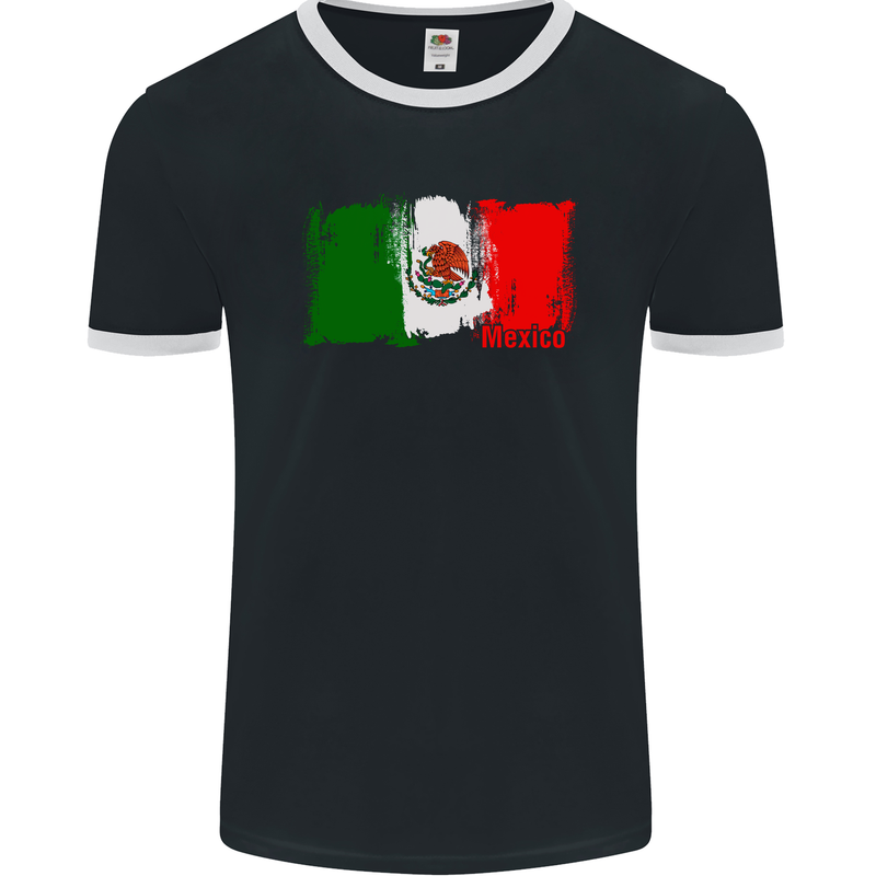 Mexico Football Distressed Flag Mens Ringer T-Shirt FotL Black/White