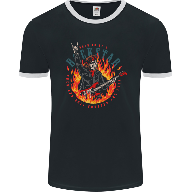 Born to Be a Rock Star Guitar Skull n Roll Mens Ringer T-Shirt FotL Black/White