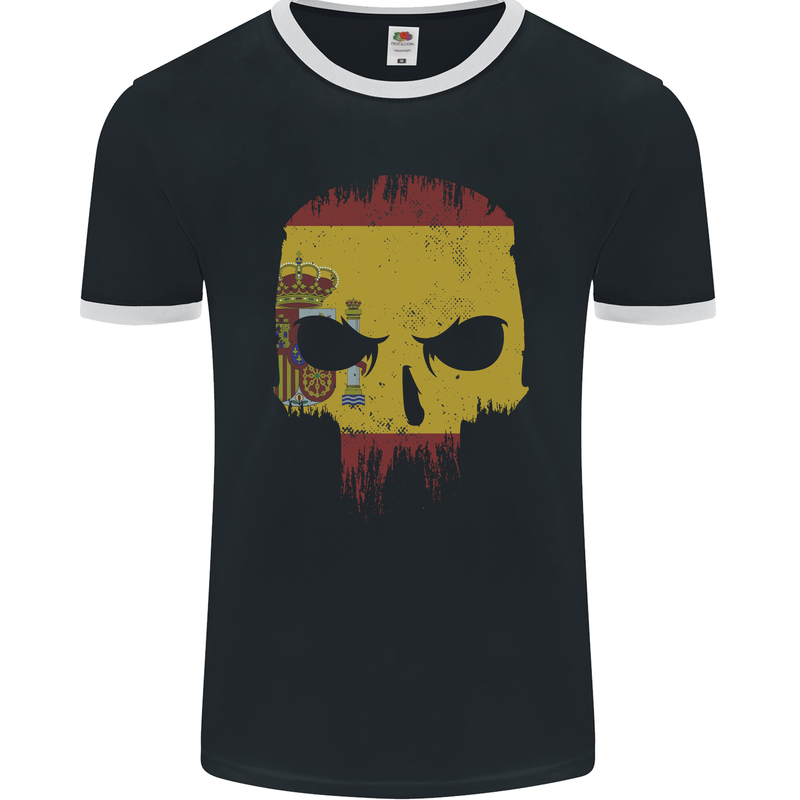 Spain Skull Spanish Gym Flag Biker Mens Ringer T-Shirt FotL Black/White