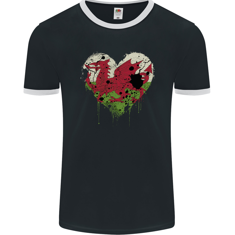 Love Flag Wales Welsh Football Rugby Mens Ringer T-Shirt FotL Black/White