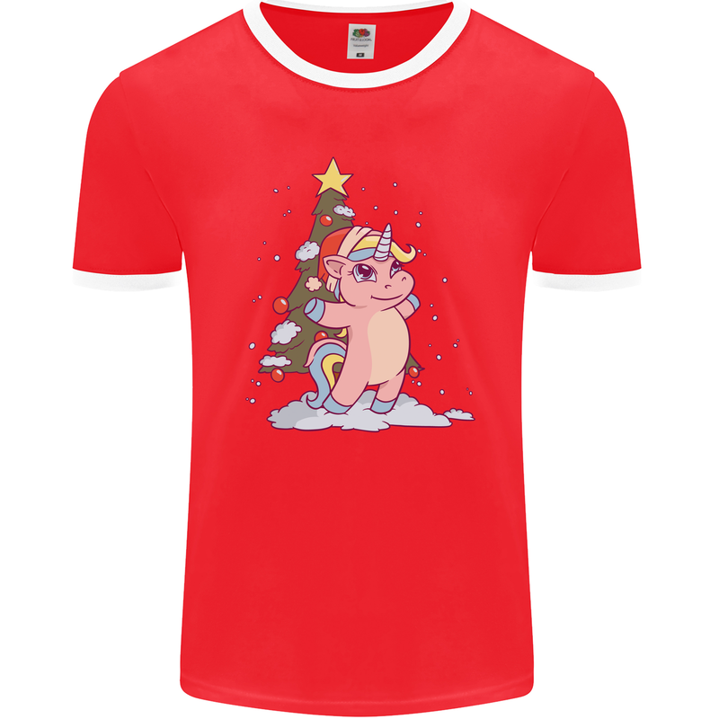 Xmas Unicorn Christmas Tree Mens Ringer T-Shirt FotL Red/White