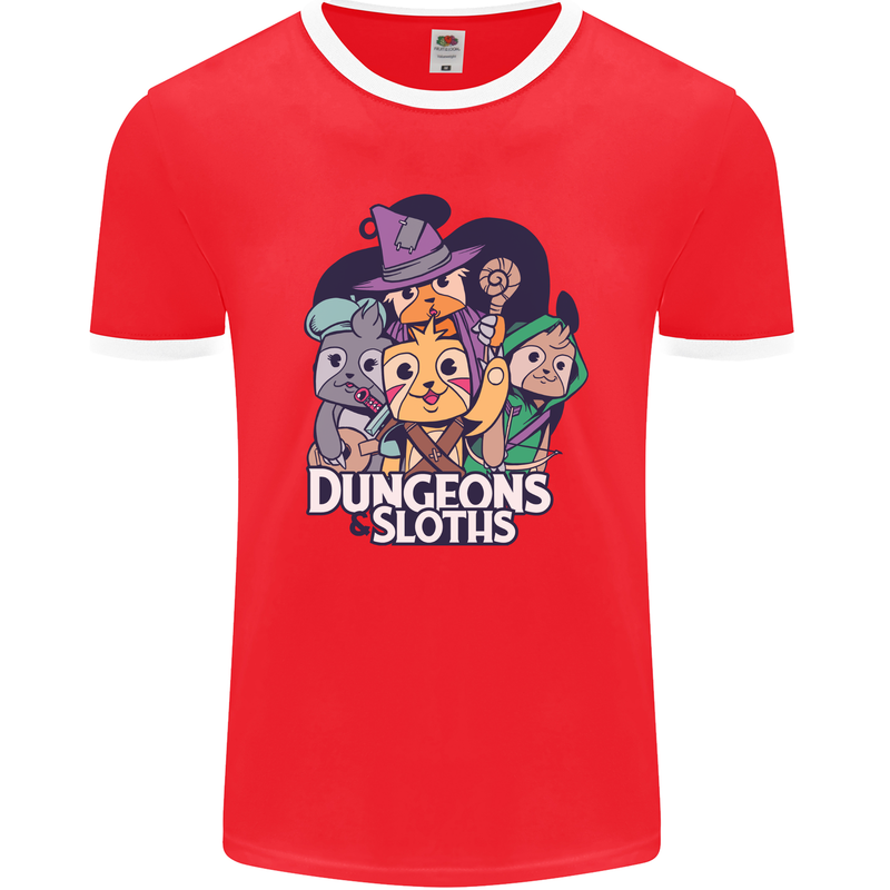 Dungeons & Sloths Role Play Games RPG Mens Ringer T-Shirt FotL Red/White