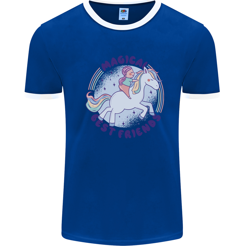 Magical Friends a Girl Riding a Unicorn Mens Ringer T-Shirt Royal Blue/White
