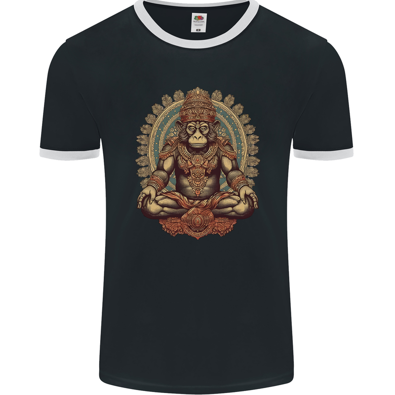 Monkey Guardian Religion Meditaition Yoga Mens Ringer T-Shirt FotL Black/White