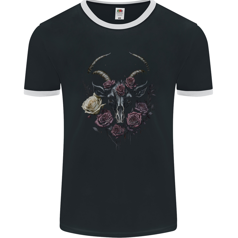 A Goat Skull With Roses Gothic Goth Mens Ringer T-Shirt FotL Black/White
