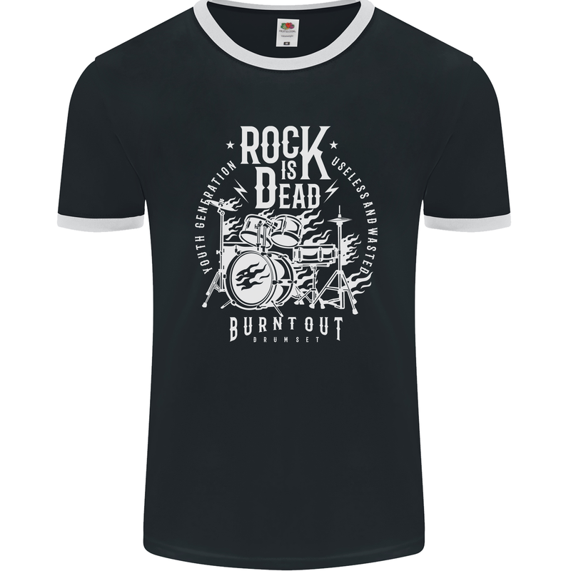 Rock is Dead Music Drummer Drumming Mens Ringer T-Shirt FotL Black/White