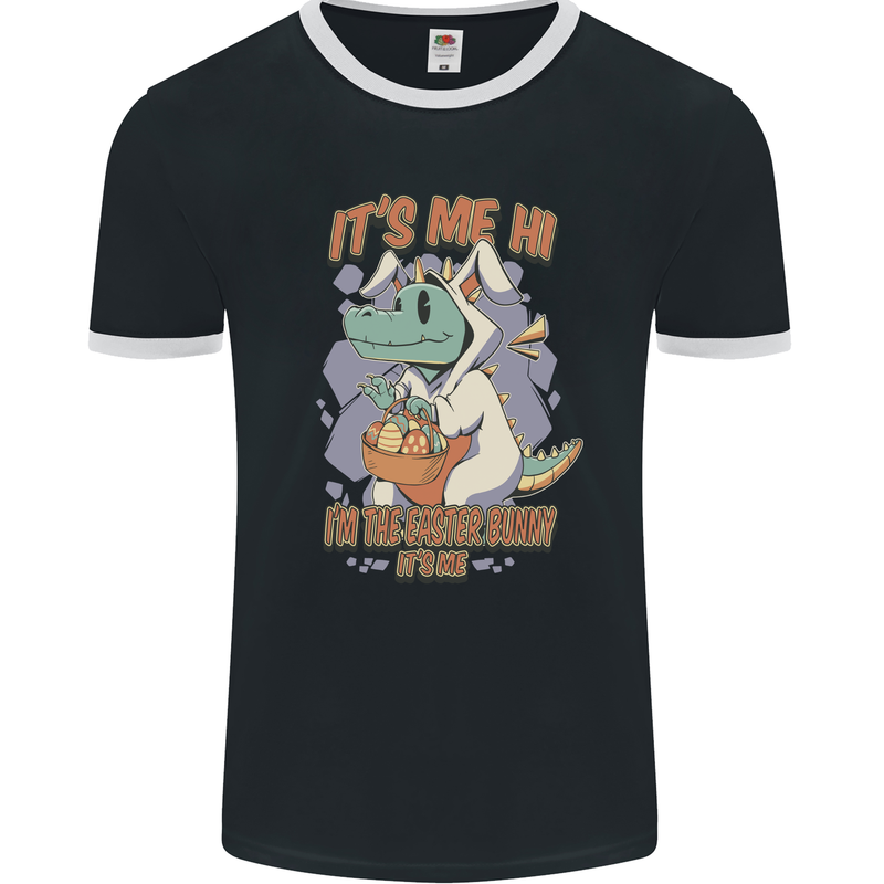 T-Rex Its Me I'm the Easter Bunny Funny Egg Mens Ringer T-Shirt FotL Black/White