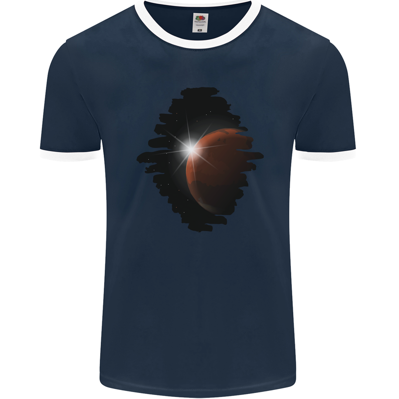 Space Planet Sun Flare Universe Mens Ringer T-Shirt FotL Navy Blue/White