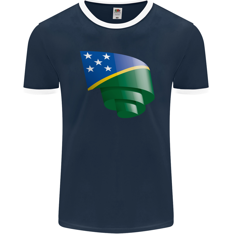 Curled Solomon Islands Flag Day Football Mens Ringer T-Shirt FotL Navy Blue/White