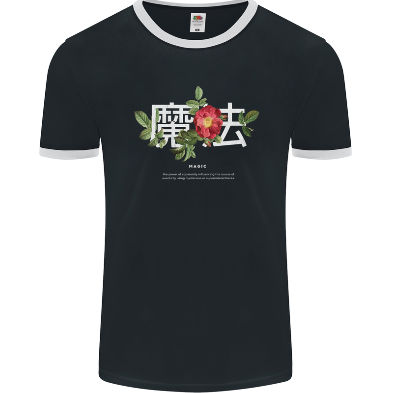 Japanese Flowers Quote Japan Magic Mens Ringer T-Shirt FotL Black/White