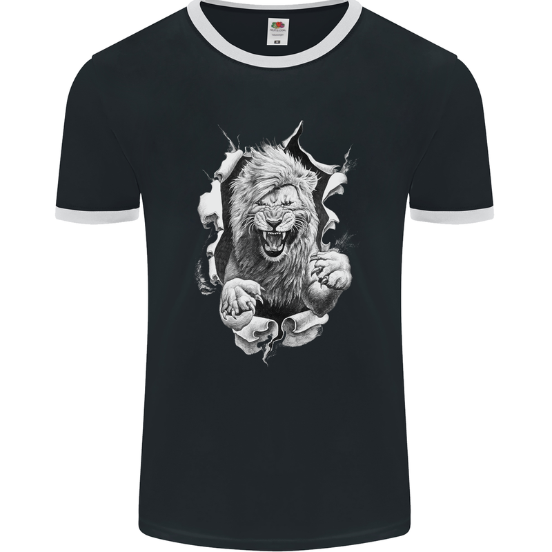 Lion Ripping Through the Fabric Mens Ringer T-Shirt FotL Black/White