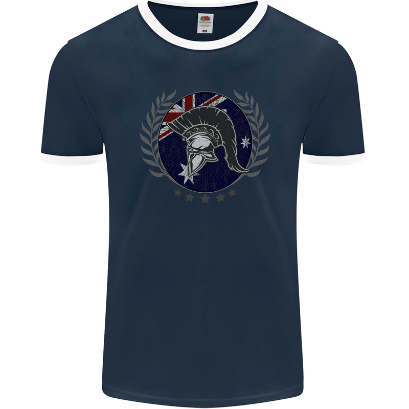 Australian Bodybuilding Flag Gym Training Spartan Mens Ringer T-Shirt FotL Navy Blue/White