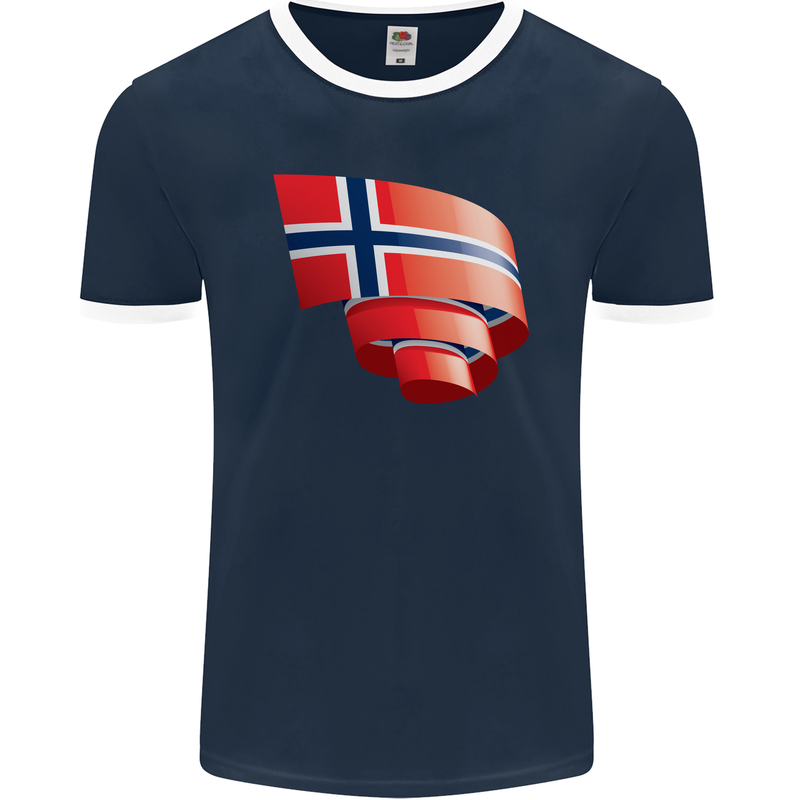 Curled Norway Flag Norwegian Day Football Mens Ringer T-Shirt FotL Navy Blue/White
