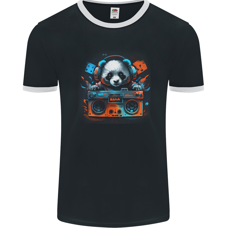 Panda Music With a Ghetto Blaster 80s Mens Ringer T-Shirt FotL Black/White