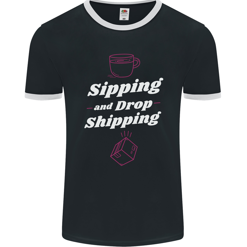 Sipping and Dropshipping Funny Coffee Work Mens Ringer T-Shirt FotL Black/White