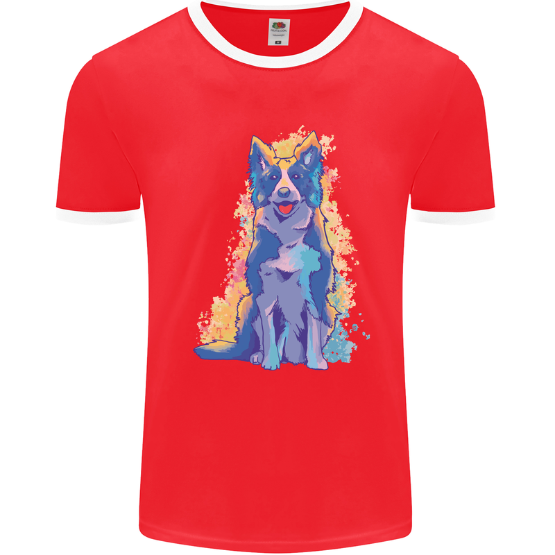 A Colourful Border Collie Dog Design Mens Ringer T-Shirt Red/White