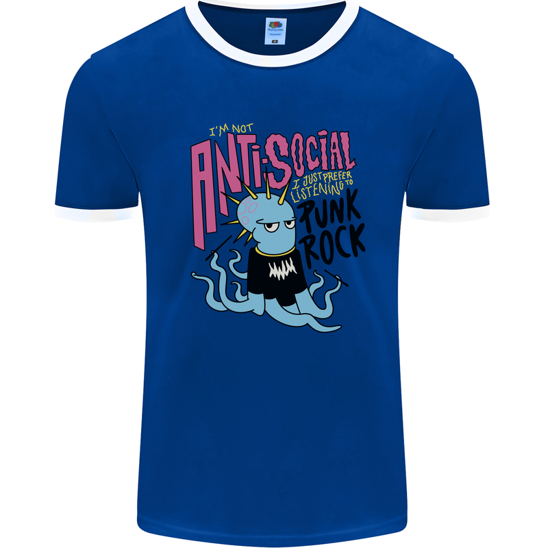 Anti Social Punk Rock Skinhead Octopus Mens Ringer T-Shirt Royal Blue/White