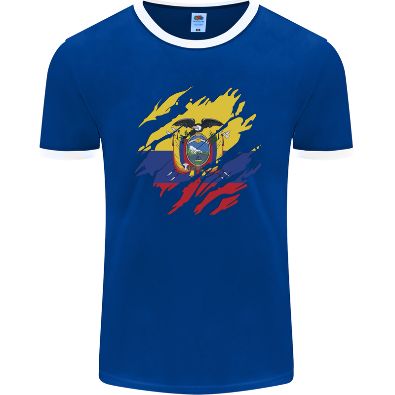 Torn Ecuador Flag Ecuadorian Day Football Mens Ringer T-Shirt FotL Royal Blue/White