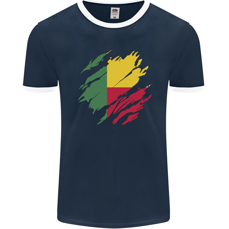 Torn Benin Flag Beninese Day Football Mens Ringer T-Shirt FotL Navy Blue/White