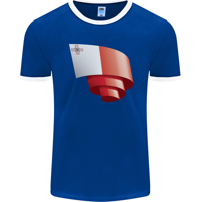 Curled Malta Flag Maltese Day Football Mens Ringer T-Shirt FotL Royal Blue/White